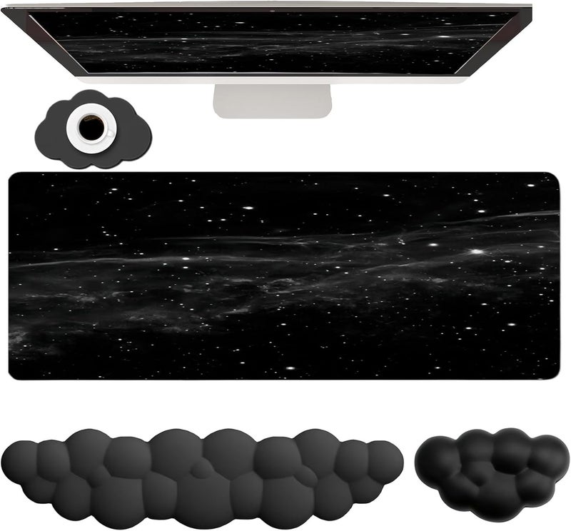 WFCYGL Cloud Mouse Pad Keyboard Wrist Rest 4PCS Extended Large Galaxy Desk Mat Pad Set Memory Foam Non-Slip Cute Ergonomic Gaming Mouse Pad Wrist Support for Computer Laptop Home Office Black - Image 1